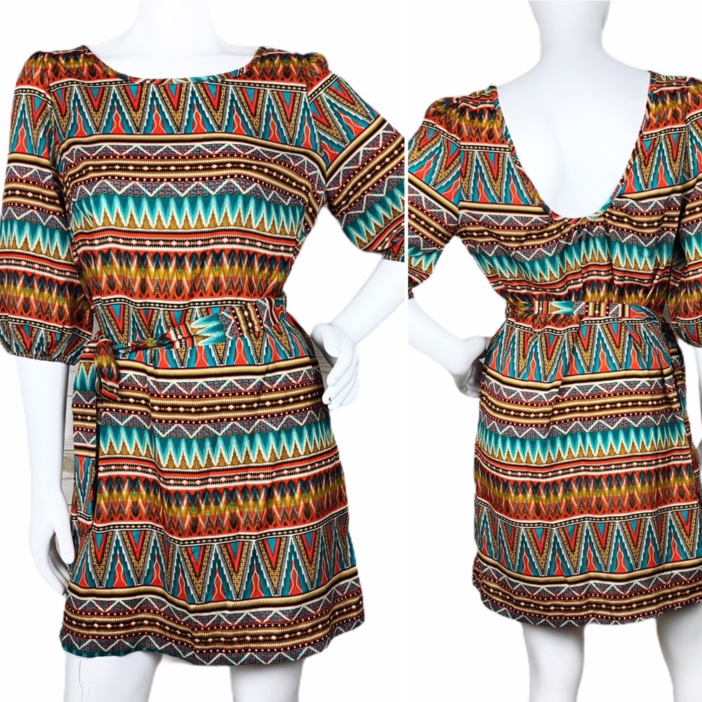 Yetts LA Boho Abstract Printed Mini Dress Size Large 3/4 Sleeve Scoop Neck
